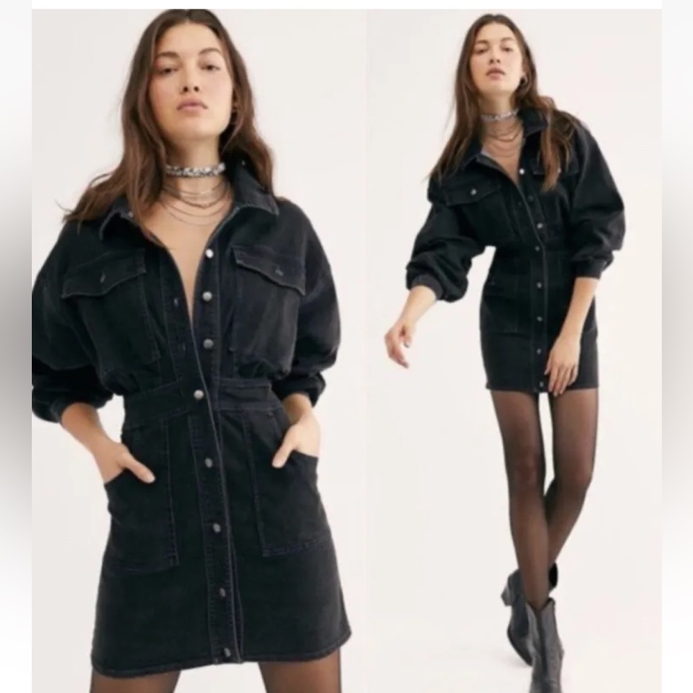 Free People Bo Midnight Black Denim Long Sleeve Shirt Dress Sz XS